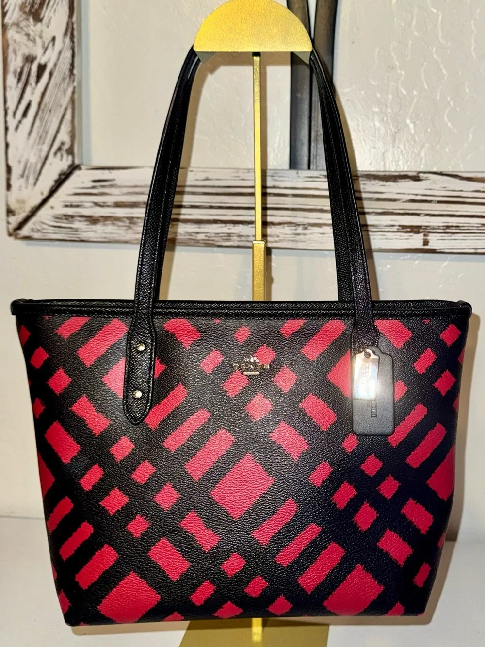 Coach F22246 City Zip Tote Bag Wild Red Plaid/Black 12x8x4” EUC